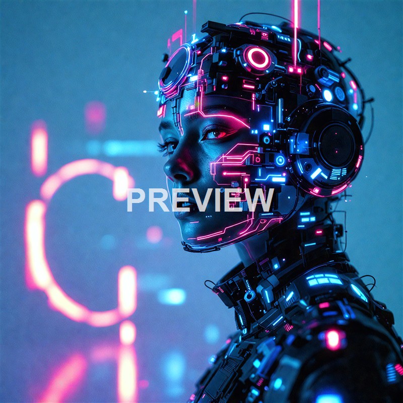 A futuristic humanoid robot with a human face, covered in neon-lit circuitry and mechanical components, set against a background of glowing digital elements.